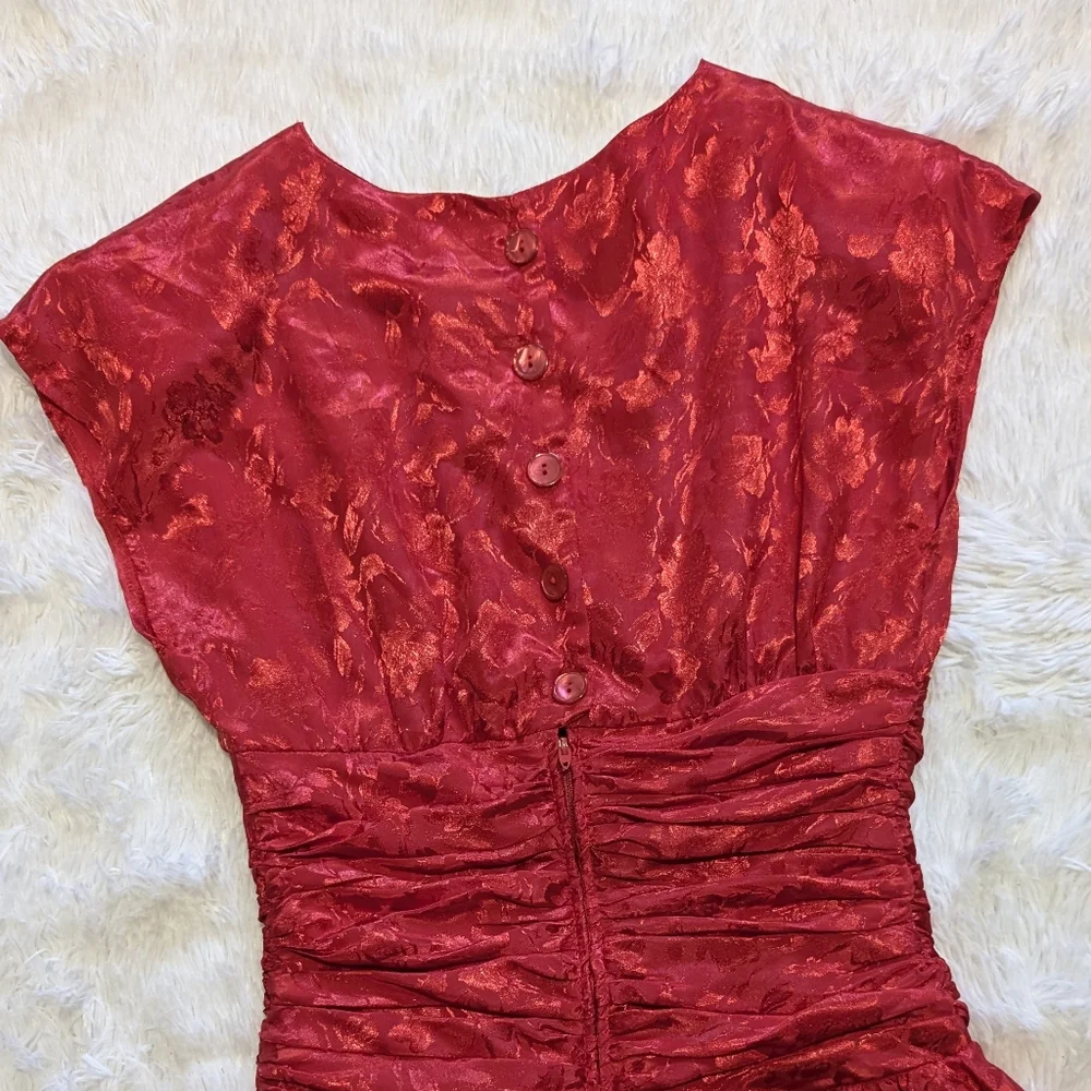 80s Vintage Jodi Schwartz Satin Peplum Ruched Waist Button Back Dress Size 3 - Picture 6 of 14